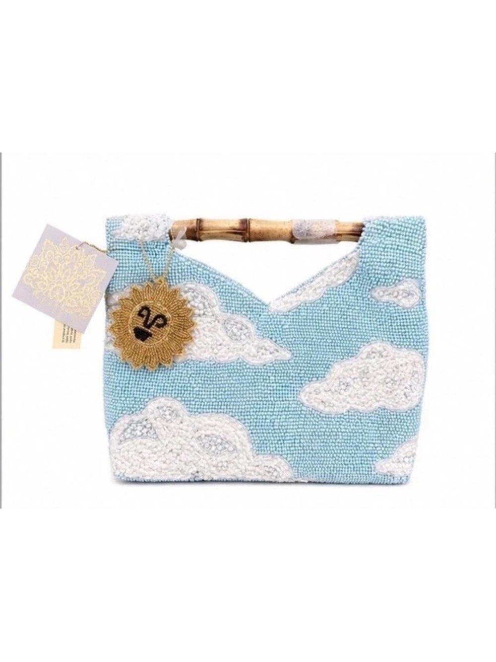 New Release Handcrafted in India Cloud Beaded Purse With Bamboo Handle NWT